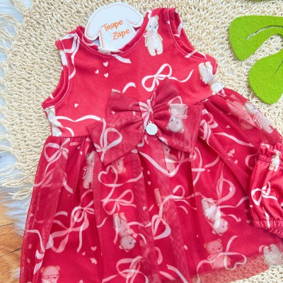 Vestido e Tapa Fralda Ursos com Lacinhos - Vermelho Vestido e Tapa Fralda Ursos com Lacinhos - Vermelho